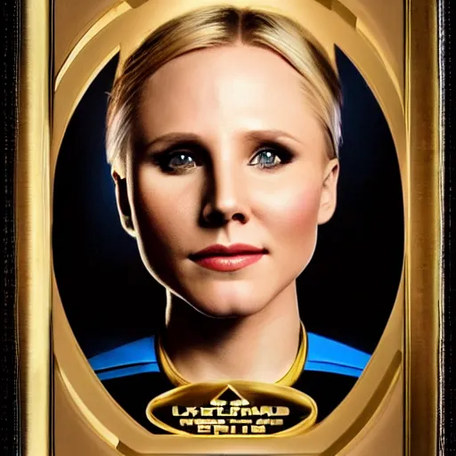 Image similar to a beautiful full body photograph of a younger kristen bell as a star fleet officer from star trek next generation, extreme realism and detail, 8 k, completely framed, direct lighting, 3 5 mm photo, photorealistic, sharp focus