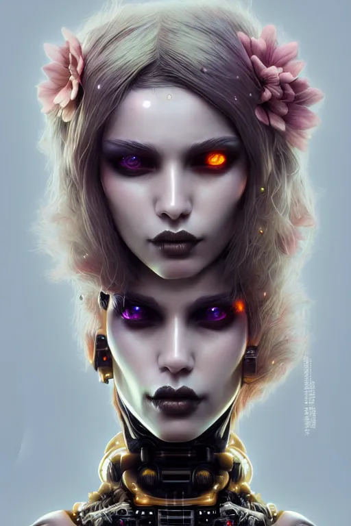 Image similar to soft lustrous ivory ebony raver gutter punk gothic cyborg, golden ratio, flowerpunk, details, scifi, fantasy, cyberpunk, intricate, decadent, highly detailed, digital painting, octane render, artstation, concept art, smooth, sharp focus, illustration, art by artgerm, loish, wlop