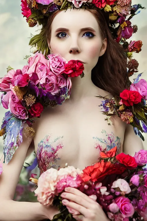 Prompt: closeup portrait of a beautiful mysterious amouranth warrior wearing an armour costume and helmet, holding a bouquet of flowing flowers from below, hands disappeared under the bouquet of flowers, profile view, fantasy, regal, intricate, by ren hang, martine johanna, tran nguyen