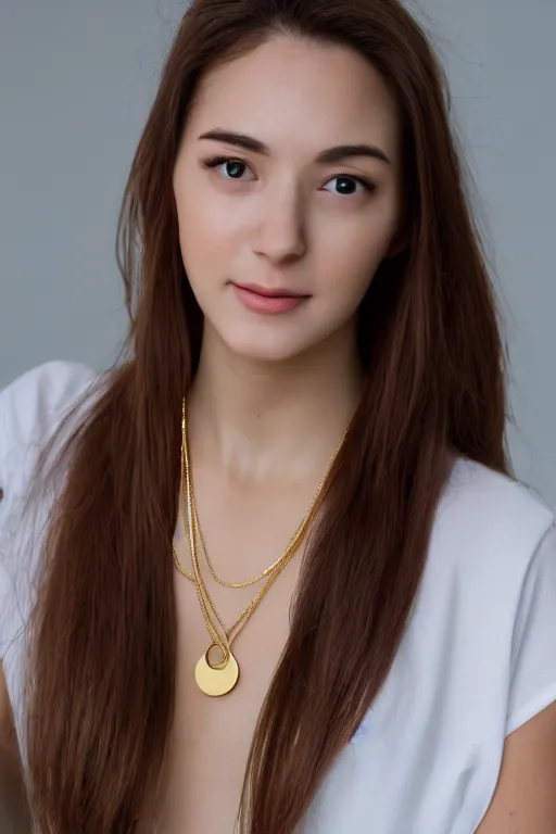 Image similar to 2 4 year old professional female wearing white v - neck top, 1 8 k gold necklace pendant, portrait, neck zoomed in, photo realistic, extreme detail skin, no editing, slr, golden hour, 4 k, high definition, selfie