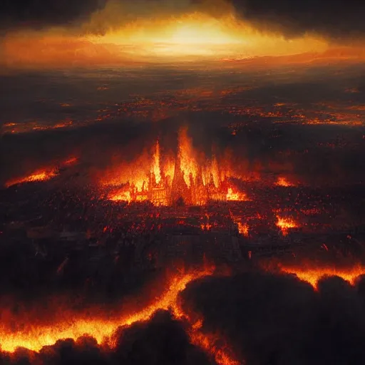 Prompt: medieval kingdom brightly burning in flames as seen from the sky, digital art, highly detailed, dark colours, 8 k, intricate, moody lighting, by greg rutkowski