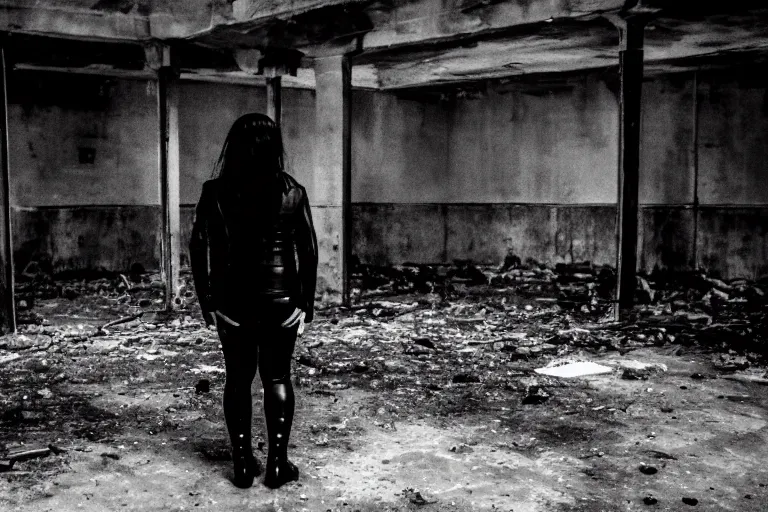 Image similar to a goth in leather, watching a black hole forming in the grimy grungy basement of an abandoned apartment block, grainy black and white photography