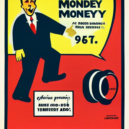 Image similar to 1 9 5 0 american propaganda poster warning the danger of money, featuring a grinning chubby dude in suit