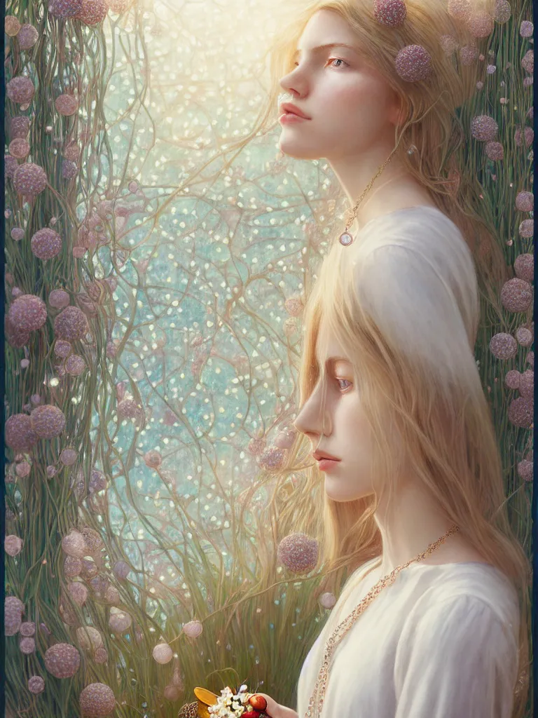 Image similar to blonde girl in white dress in beautiful window, necklace with a fruit seed ornament, ocean eyes, light freckles, incense smoke and flowers in the background, portrait, mucha, conceptart, medium shot, unreal, octane, symmetrical, photorealism.