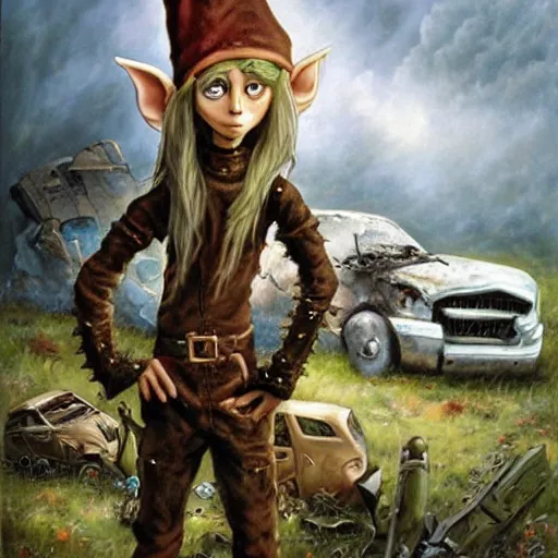 Image similar to a skinny high-fantasy elf with a long narrow face and spiky blonde hair wearing dark brown overalls and holding a bomb next to a destroyed car, painting by Ed Binkley