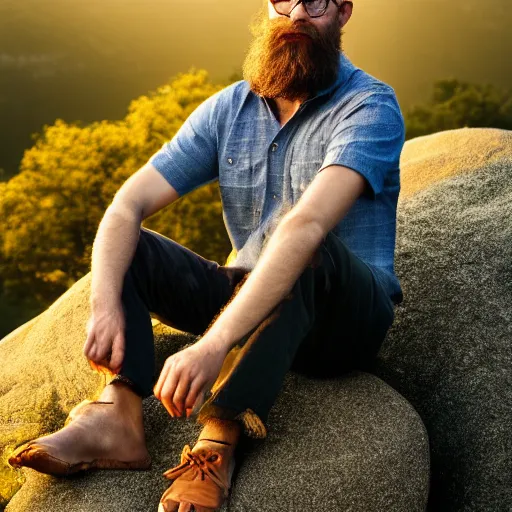 Prompt: a handsome white male, long brown beard, oversized brown mustache, glasses, blue eyes, plaid shirt, cargo shorts, blue crocs : : sitting on a large rock, meditation pose, apple laptop in his lap, golden hour, wisps of smoke, mystical yet whimsical. digital art, trending on artstation, highly detailed