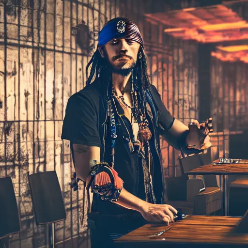 Image similar to high quality portrait of a pirate with four arms in a cyberpunk cyberpunk cyberpunk cafe, realism, 8k, award winning photo