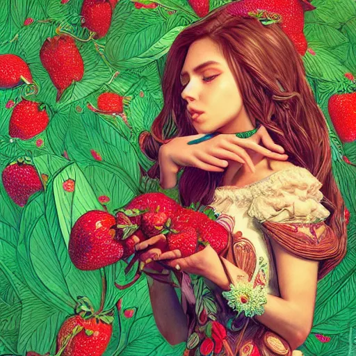 Prompt: the portrait of an absurdly beautiful, graceful, elegant, young mexican girl made of strawberries and green petals, an ultrafine hyperdetailed illustration by kim jung gi, irakli nadar, intricate linework, bright colors, octopath traveler, final fantasy, angular, unreal engine 5 highly rendered, global illumination, radiant light, detailed and intricate environment
