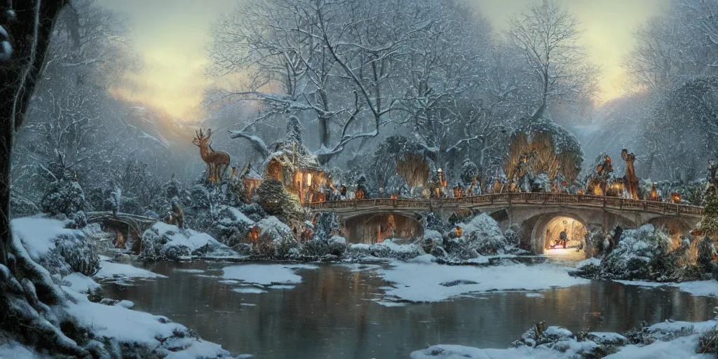 Image similar to Rivendell Christmas winter with deers, detailed matte painting, cinematic, Alan Lee, Artstation