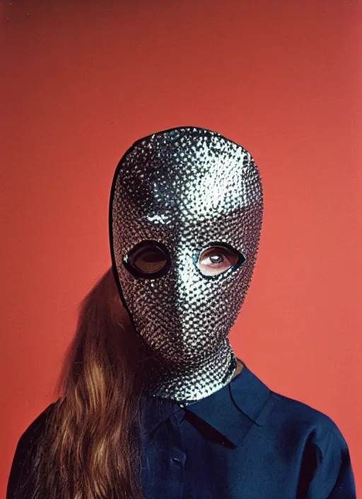 Image similar to a fashion portrait photograph of a woman wearing a metal mask designed by balenciaga, 3 5 mm, color film camera,