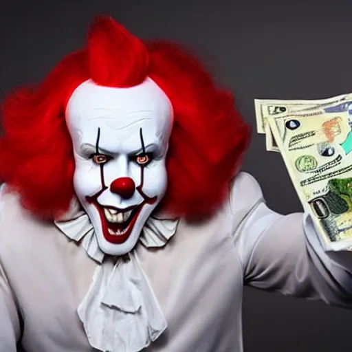 Image similar to Pennywise the clown wearing a business suit and holding a banknote in his hands, full body shot