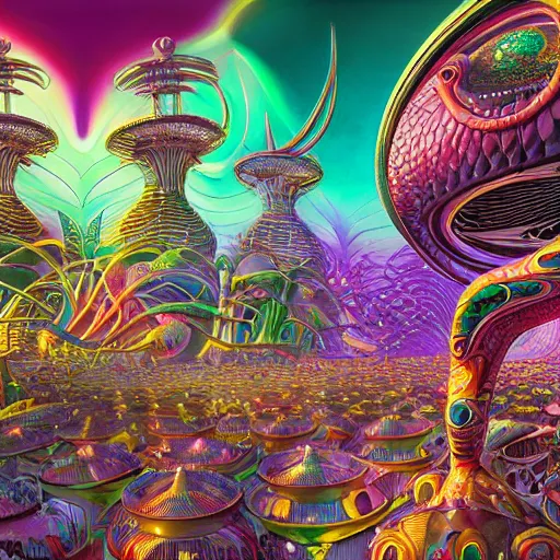 Image similar to alien panoramic village city rave hyper realism octane render airbush art nouveau intricate details by arthur adams, alex grey, lisa frank, syd mead, victo nagi