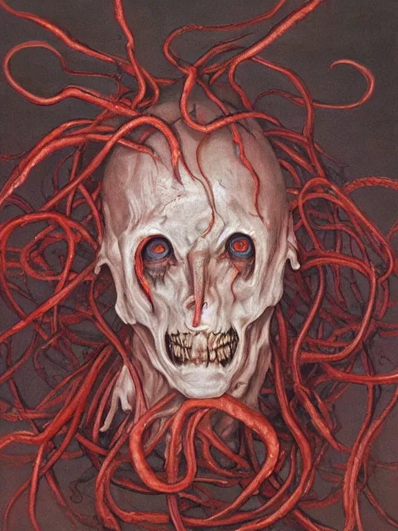 Image similar to painting by wayne barlowe of a flying sorrowful looking severed human head with tears running down it's eyes, face that is chalk white in color, with long sprawling white tentacles stemming down it's neck, fiery scorching red eyes, flying in a terrying hellish dark cavernous place