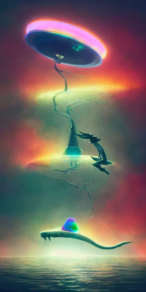 Image similar to impossibly beautiful ufo abducting the loch ness monster, bad trip, intricate complexity, surreal horror, inverted neon rainbow drip paint, trending on art station, photoreal, 8 k, octane render by greg rutkowski, rafał olbinsk and salvador dali