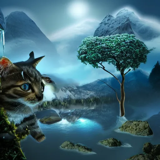 Prompt: Kittens realistic 4k HD fantasy world water trees mountains ice snow weather fog high detail