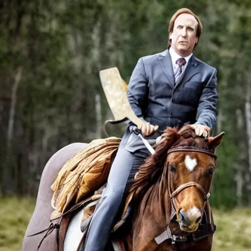 Prompt: saul goodman riding a horse while holding a sword, tv still