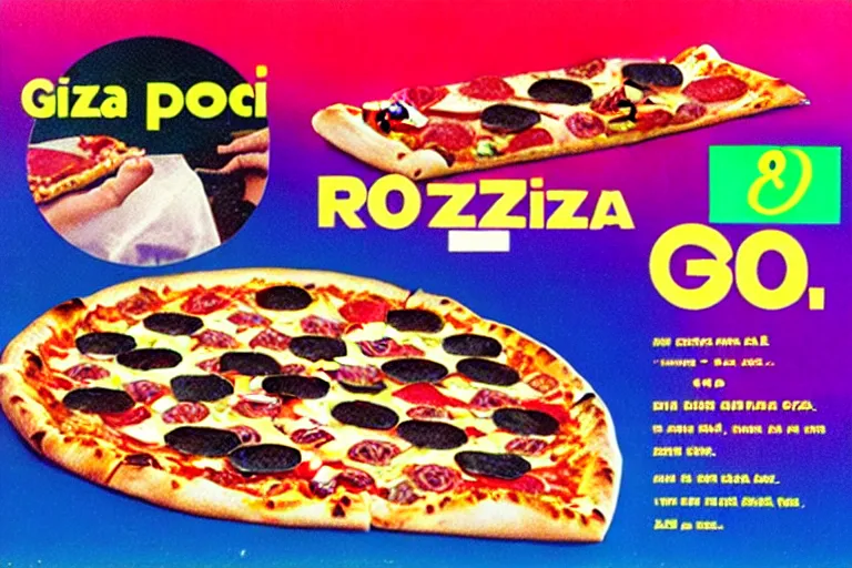 Prompt: 80s, rgb, pizza, advertisement