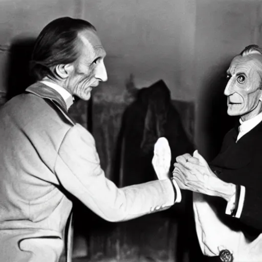 Prompt: peter cushing shakes hands with count orlok