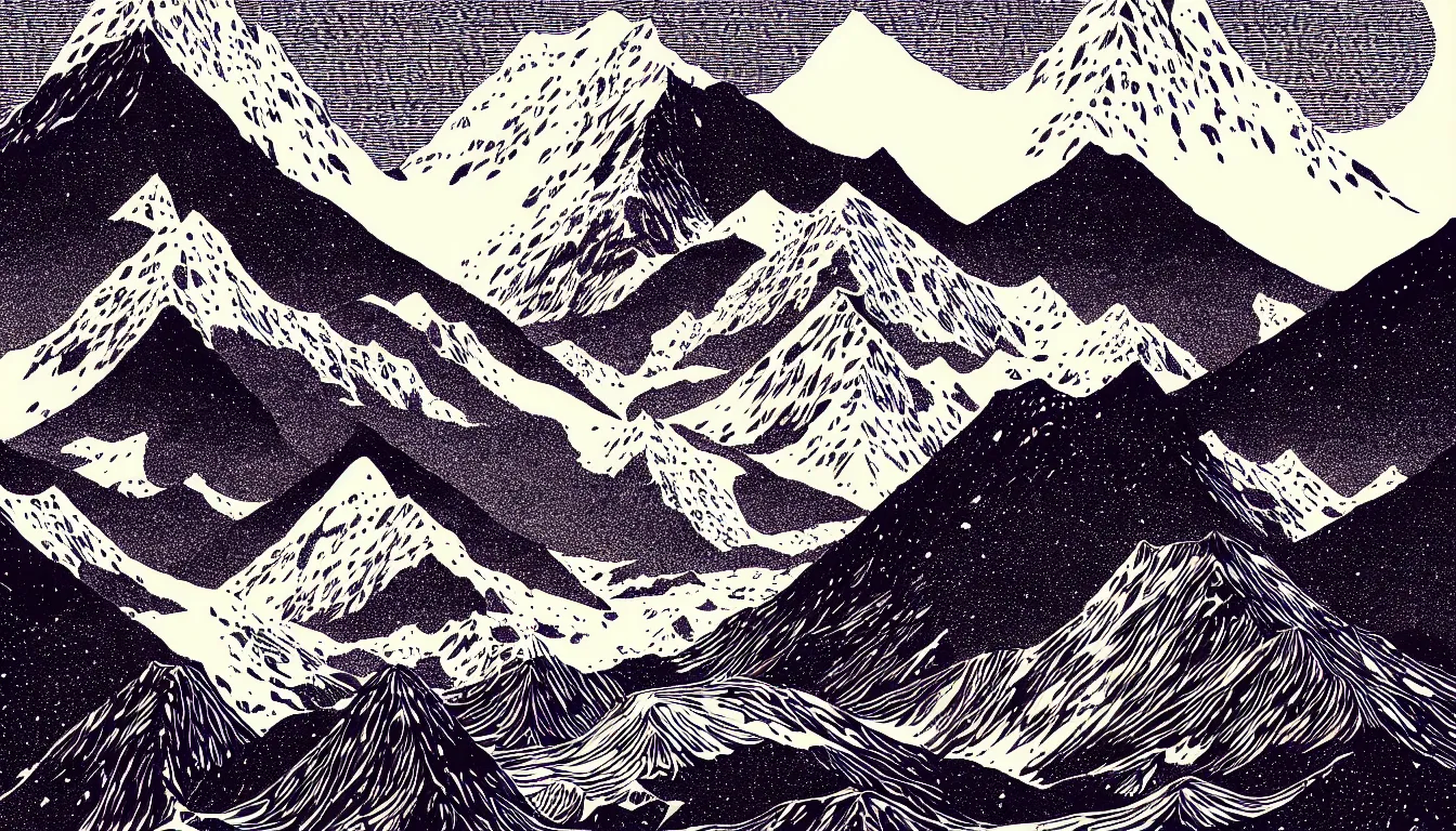 Image similar to himalayas by woodblock print, nicolas delort, moebius, victo ngai, josan gonzalez, kilian eng