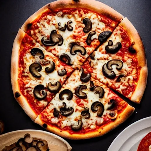 Prompt: A delicious plate of pizza, pepperoni, mushrooms, food photography, michilin star