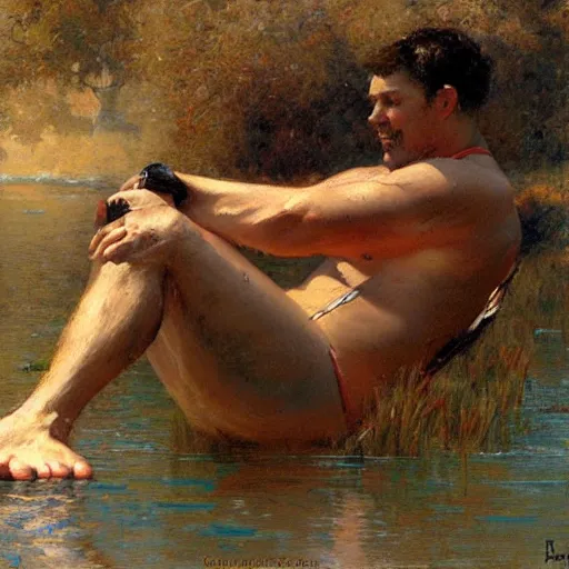 Image similar to a man with a flabby body type, painting by Gaston Bussiere, Craig Mullins