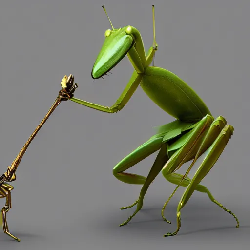 Prompt: and anthropomorphic praying mantis with a mitre and crosier, preaching at the pulpit to an audience, ultra detailed, 8 k, trending on artstation, award - winning art,