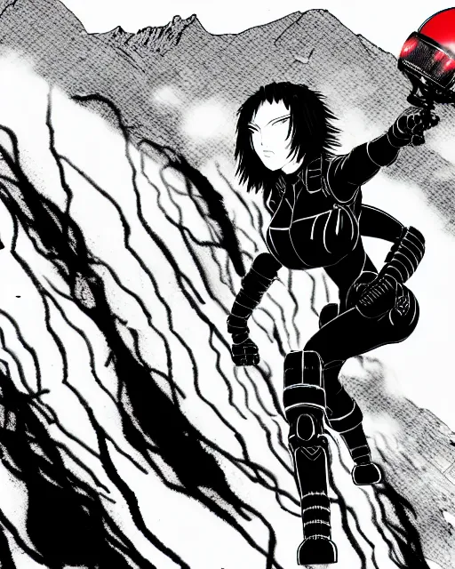 Prompt: black widow red hair flies with a parachute from everest and fires pistols at robots with techno details, by tsutomu nihei, black and white, wires clouds and destroed rocks background
