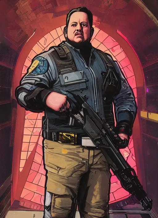 Image similar to cyberpunk paul blart using taser. portrait by ashley wood and alphonse mucha and laurie greasley and josan gonzalez and james gurney. spliner cell, apex legends, rb 6 s, hl 2, d & d, cyberpunk 2 0 7 7. realistic face. vivid color. dystopian setting.