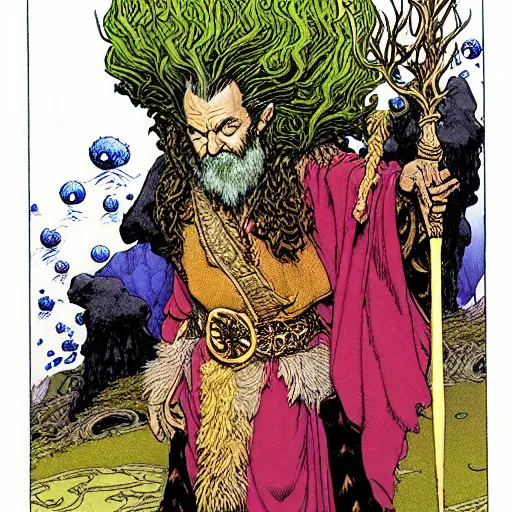 Image similar to a high fantasy portrait of bill murray as a mystical druidic warrior wizard giving the camera the finger by rebecca guay, michael kaluta, charles vess and jean moebius giraud