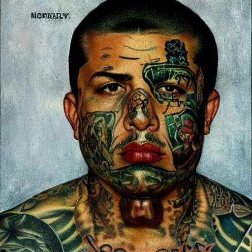 Image similar to A Frontal portrait of a heavily tattooed MS-13 gang member as a prisoner awaiting sentancing. A painting by Norman Rockwell.