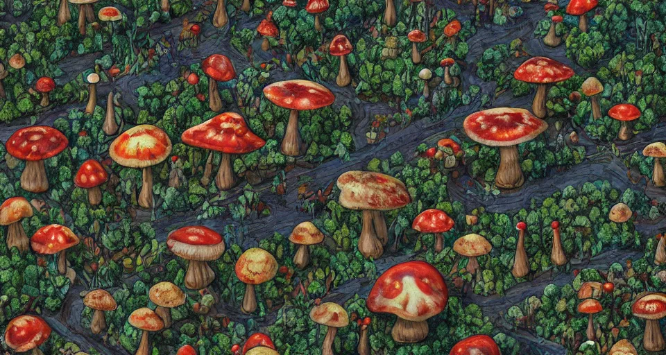 Image similar to A tribal village in a forest of giant mushrooms, by David Eichenberg