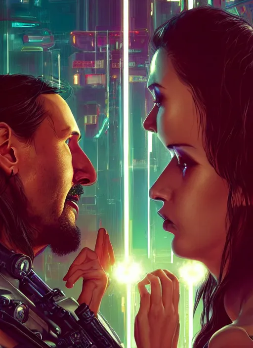 Image similar to a cyberpunk 2077 couple portrait of Keanu Reeves&female android in final kiss,love,film lighting,by Laurie Greasley,Lawrence Alma-Tadema,Dan Mumford,artstation,deviantart,FAN ART,full of color,Digital painting,face enhance,highly detailed,8K,octane,golden ratio,cinematic lighting