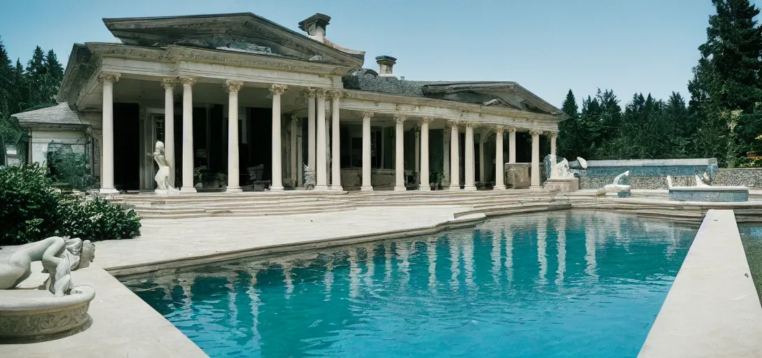 Prompt: classical architecture - inspired modern house with marble columns. statue of venus in backyard overlooking decorative neptune pool with dark blue tiles under water on pool floor. built in 1 9 5 9 on orcas island. fujinon premista 1 9 - 4 5 mm t 2. 9. portra 8 0 0.