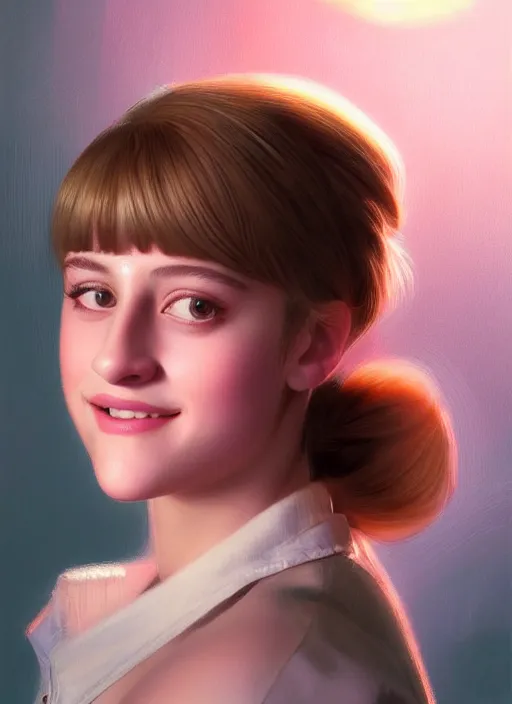 Image similar to portrait of teenage lili reinhart with bangs, smiling kindly, bangs, 1 9 6 0 s, ponytail, bangs and ponytail, intricate, elegant, glowing lights, highly detailed, digital painting, artstation, concept art, smooth, sharp focus, illustration, art by wlop, mars ravelo and greg rutkowski