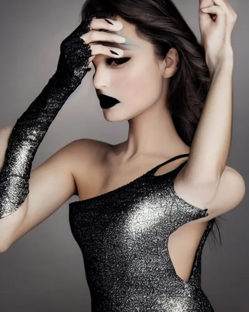 Image similar to in a twilight landscape, a young fashion model woman shows off her figure in a shiny party dress, face and eyes covered by a pointed geometry