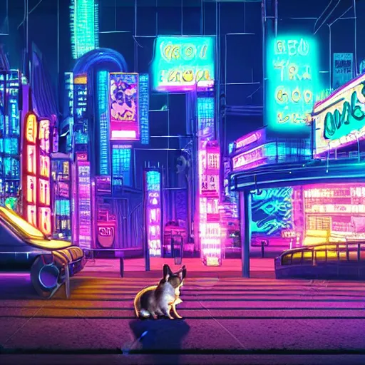 Prompt: small corgi dog in a cyberpunk city looking at a neon sign, at night, 4k detailed art