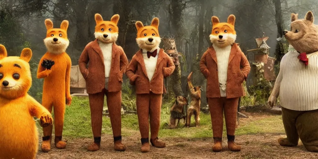 Prompt: a still from Fantastic Mr. Fox depicting Winnie the Pooh characters