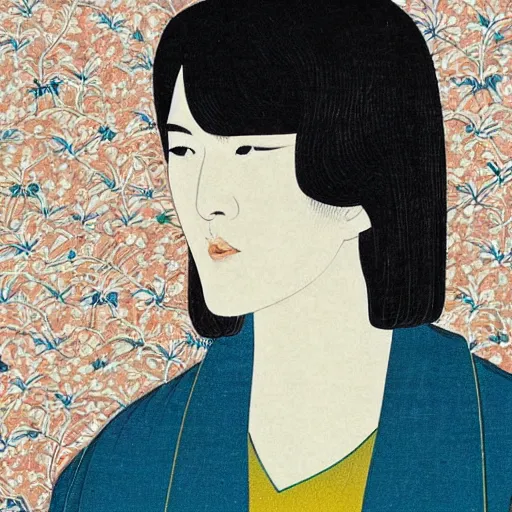 Image similar to “ charley matthew portrait by ikenaga yasunari and ayana otake and ko rakusui, 6 0 s poster, drawing, realistic, sharp focus, japanese, dreamy, nostalgia, faded, golden hues, floral clothes ”