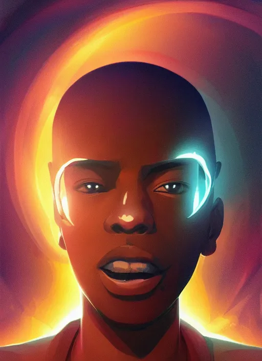 Image similar to young black man floating in a cylindrical chamber, futuristic computer hardware and cybernetic imagery, digital painting artstation, 2 d game fanart behance hd by jesper ejsing, by rhads, makoto shinkai and lois van baarle, ilya kuvshinov, rossdraws, dramatic sunset, global illumination, radiant light, detailed and intricate environment