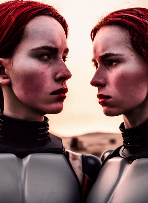 Image similar to cinestill 5 0 d photographic portrait of two scandalous loving female androids wearing rugged black techwear body suits on a desolate plain with a red sky, extreme closeup, cyberpunk style, garters, dust storm, 8 k, hd, high resolution, 3 5 mm, f / 3 2, ultra realistic faces, ex machina