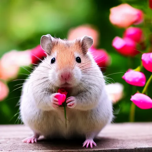 Image similar to detailed photo of a hamster holding roses, various poses, full body, unedited, daylight, dof 8 k