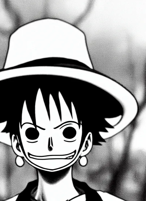 Image similar to detailed of a luffy face, depth of field, black and white,