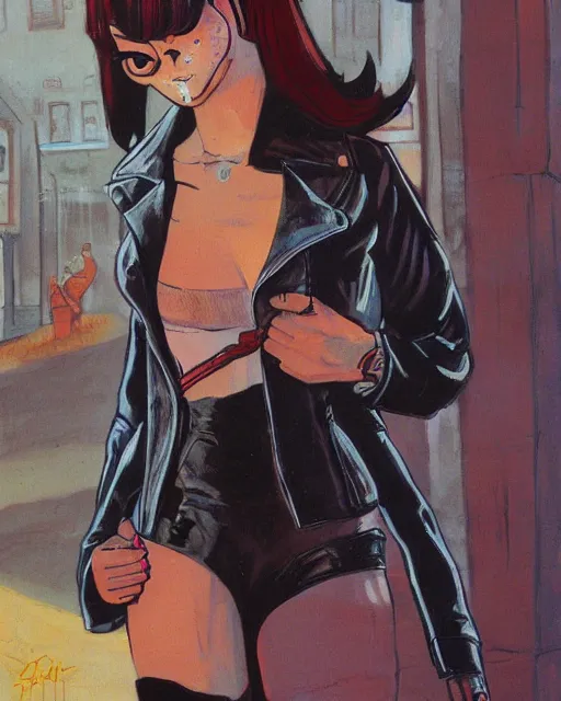 Image similar to young female protagonist in leather jacket, city street, artwork by ralph bakshi