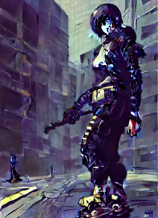 Image similar to hyper - realistic cyberpunk anime woman wearing inline skate, tokyo street, extreme detail, good face, model, concept art, in style of yoji shinkawa, pan ren wei, col price, atey ghailan, by greg rutkowski, aesthetic