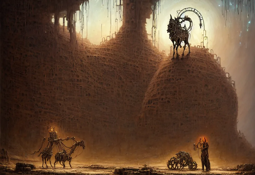 Image similar to A human in shamanistic robes performs a magical ritual to resurrect a mechanical horse inside a ancient steel ruins are covered with barchans of sand. Art by Finnian MacManus, Simon Stalenhag, Arthur Rackham. Masterpiece, closeup, fantasy art, cinematic, hyperdetailed, photorealistic, cyberpunk, postapocalyptic, steampunk, hyperrealism, octane render, 8k