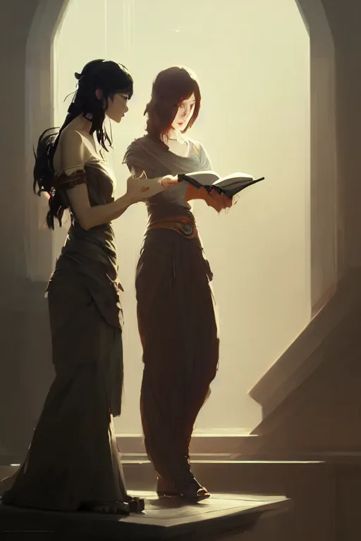 Image similar to portrait of two wise and very beautiful women discussing some texts, art by guweiz and greg rutkowski, intricate, elegant, highly detailed, smooth, sharp focus, artstation