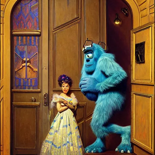 Prompt: portrait of sulley from monsters inc in front of house door. painting by gaston bussiere craig mullins jc leyendecker gustav klimt artgerm greg rutkowski john berkey, bergey, craig mullins, ruan jia, raymond swanland, tom lovell