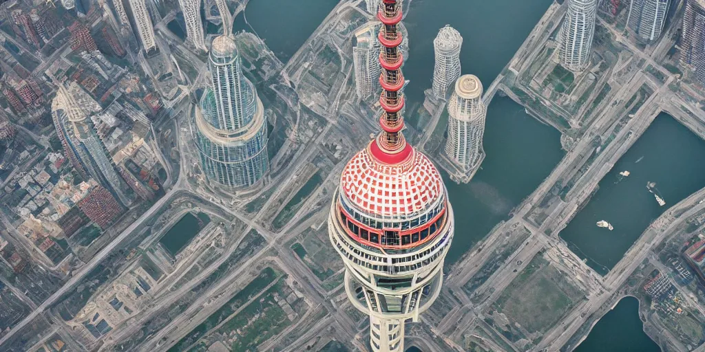 Prompt: a very high resolution image from a new movie, oriental pearl tower, front view, upside - down, shining, photorealistic, photography, directed by wes anderson