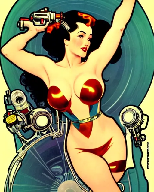 Image similar to a retro future science fiction pinup illustration of dita von teese, alphonse mucha, alberto vargas, gil elvgren, diesel punk.