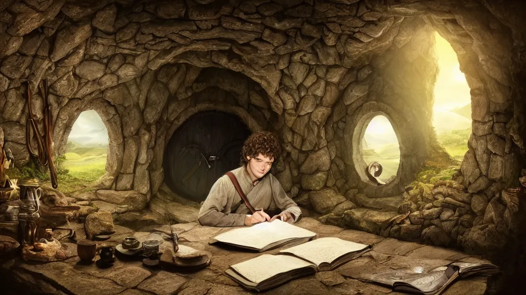 Image similar to frodo writing in his journal inside his hobbit hole bag end at the end of his journey, hobbiton visible through a window, by alan lee, michal karcz, smooth details, lord of the rings, game of thrones, smooth, detailed terrain, oil painting, trending artstation, concept art, fantasy matte painting, over the shoulder camera shot